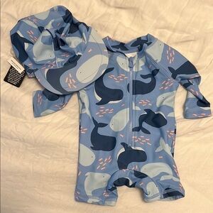 Baby Whale Print Swimsuit and Hat Set